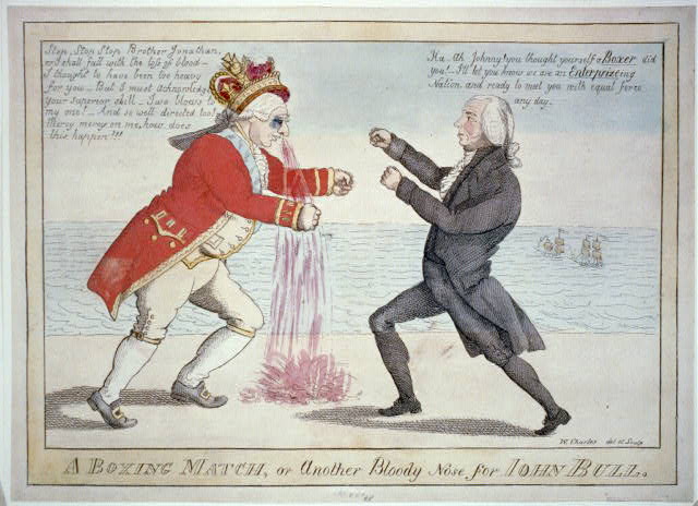 Karikatura krále George III jak prohrává zápas v boxu. Reakce na potopení Britské brigy "Boxer"